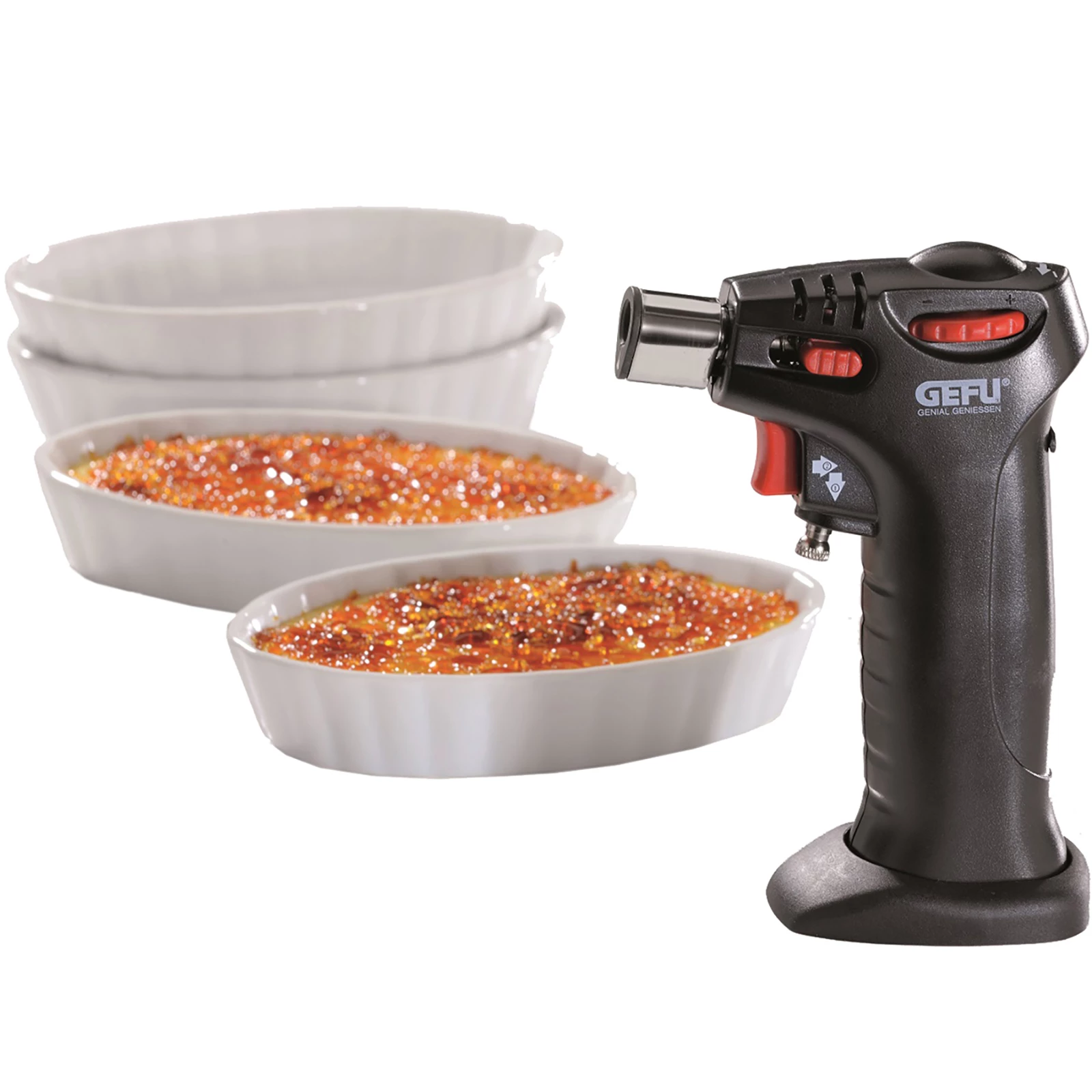 GEFU_AKTION Crème Brûlée Set CARMELLO 7tlg. Schalen + Brenner 2 GEFU_AKTION Crème Brûlée Set CARMELLO 7tlg. Schalen + Brenner